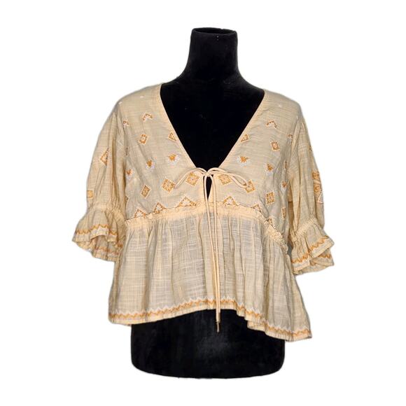 Free People Tallulah Embroidered Blouse Belle of Georgia Puff Sleeves Tie Size M - Picture 2 of 7